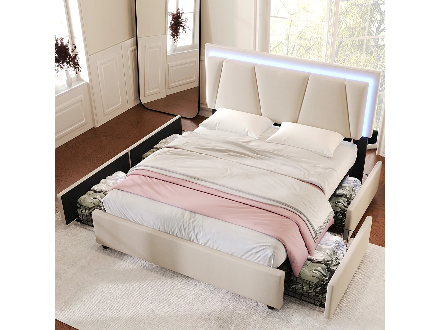 Lit double 140x200 cm avec LED et 4 tiroirs, tête de lit réglable, bois, beige (Sans matelas)