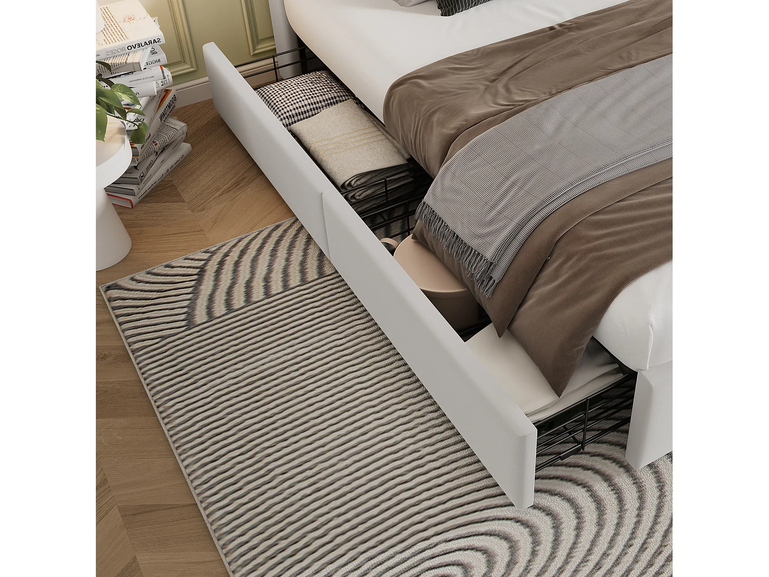 Lit double 160x200cm avec Matelas USB quatre tiroirs Cadre de lit à lattes en bois beige pour adultes et adolescents
