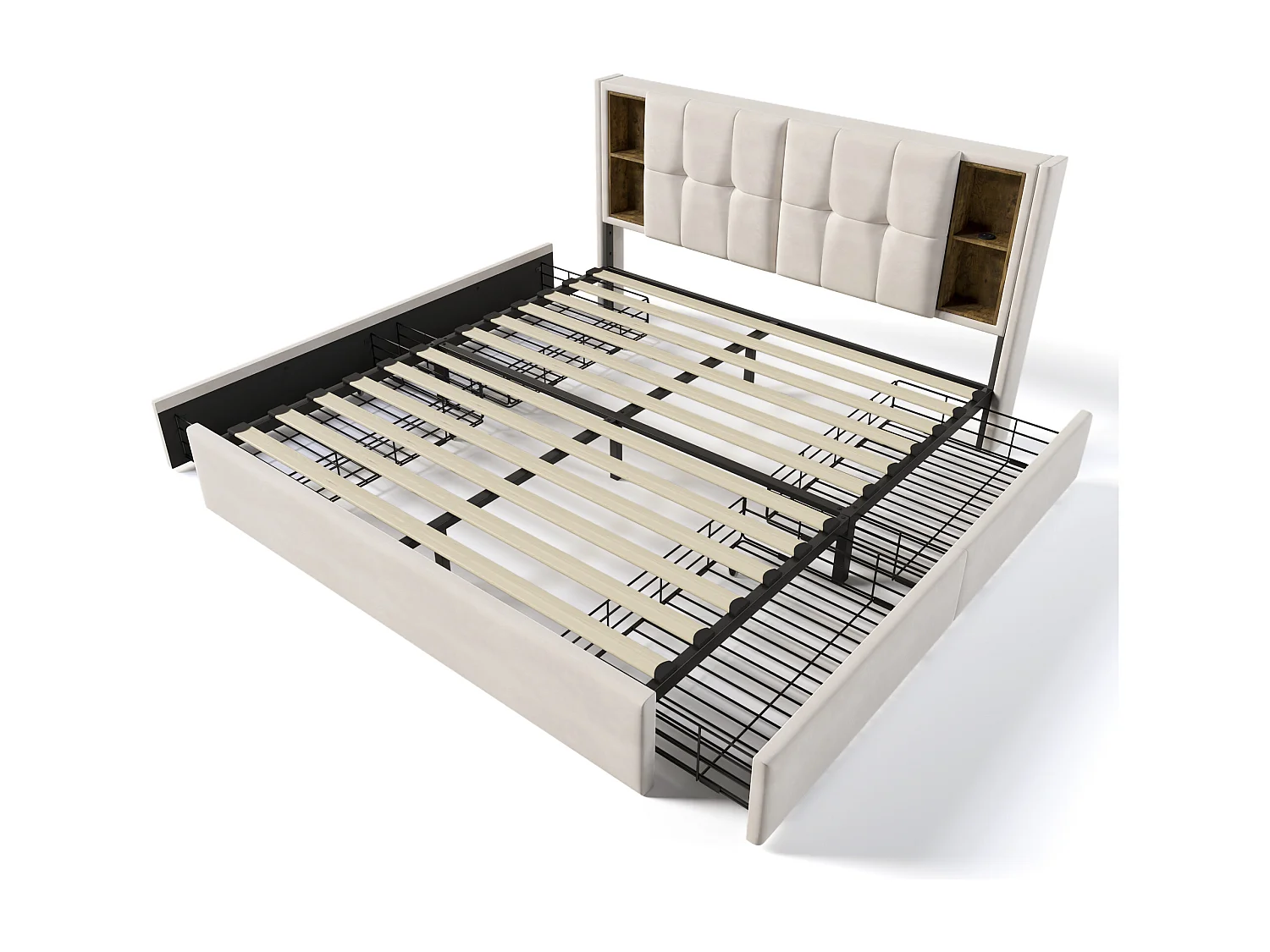 Lit double 160x200 cm avec chargement sans fil, 4 tiroirs, ports USB Type C, velours beige (Avec matelas)