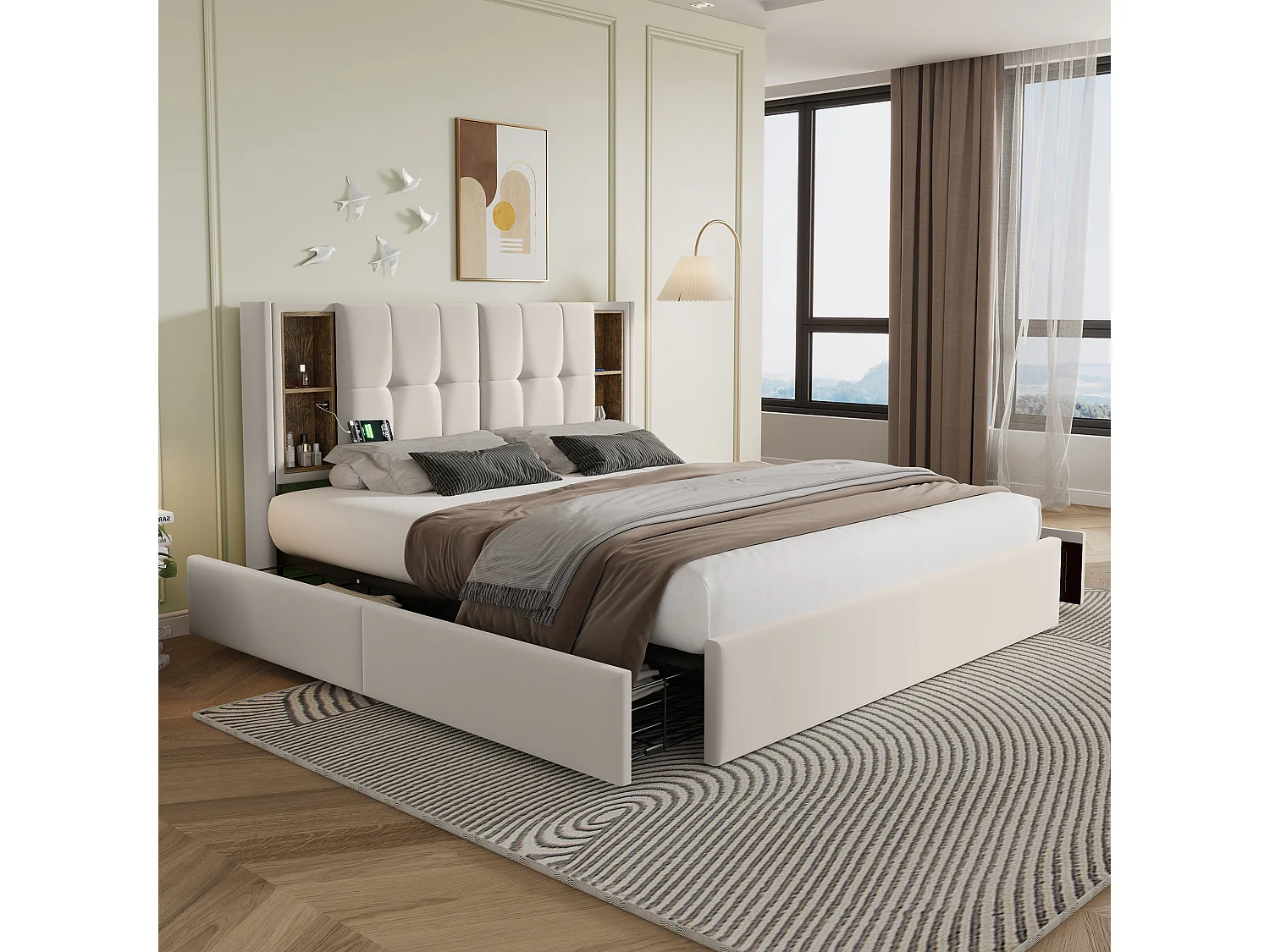 Lit double 160x200 cm avec chargement sans fil, 4 tiroirs, ports USB Type C, velours beige (Avec matelas)