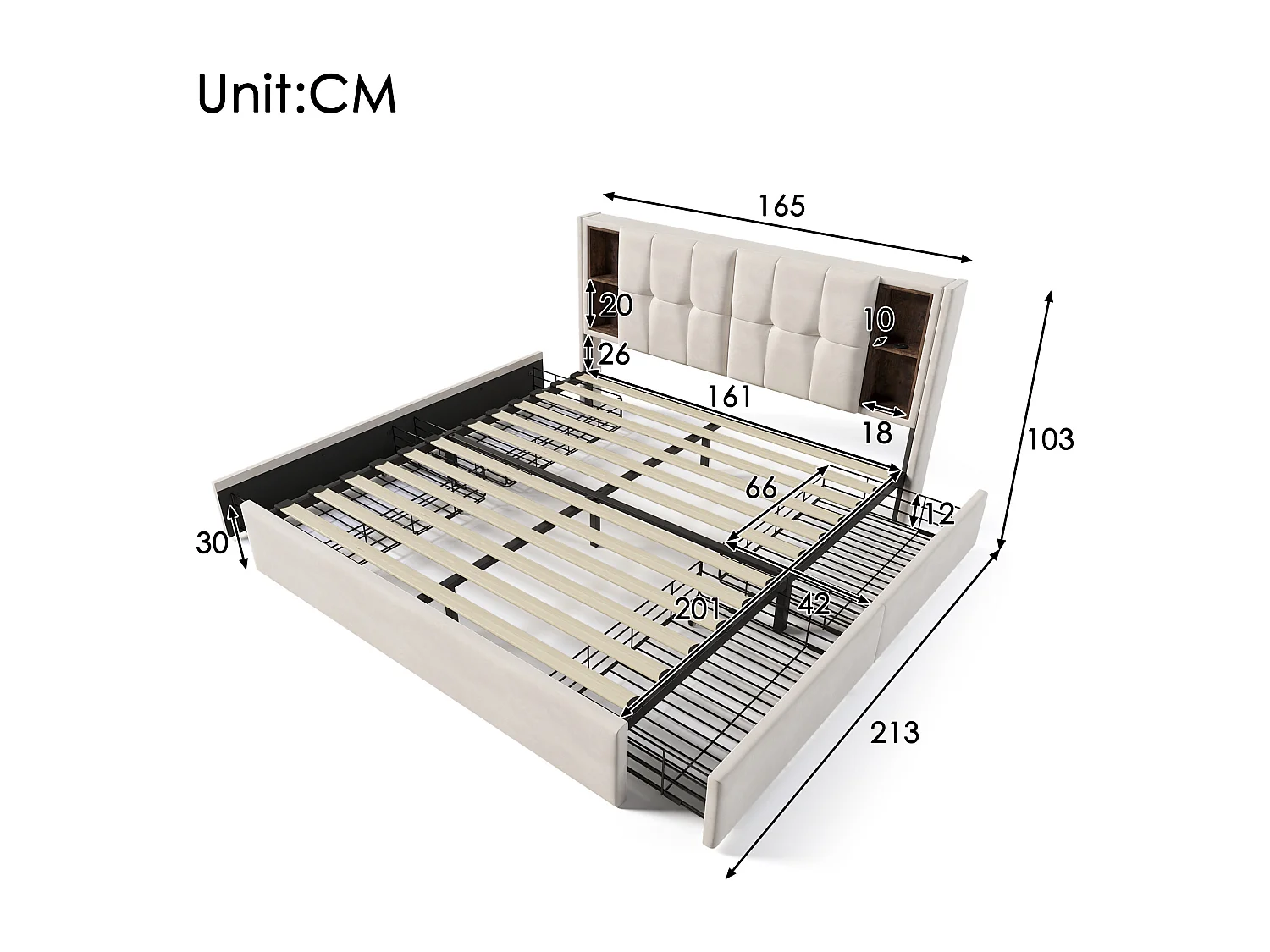 Lit double 160x200 cm avec chargement sans fil, 4 tiroirs, ports USB Type C, velours beige (Avec matelas)