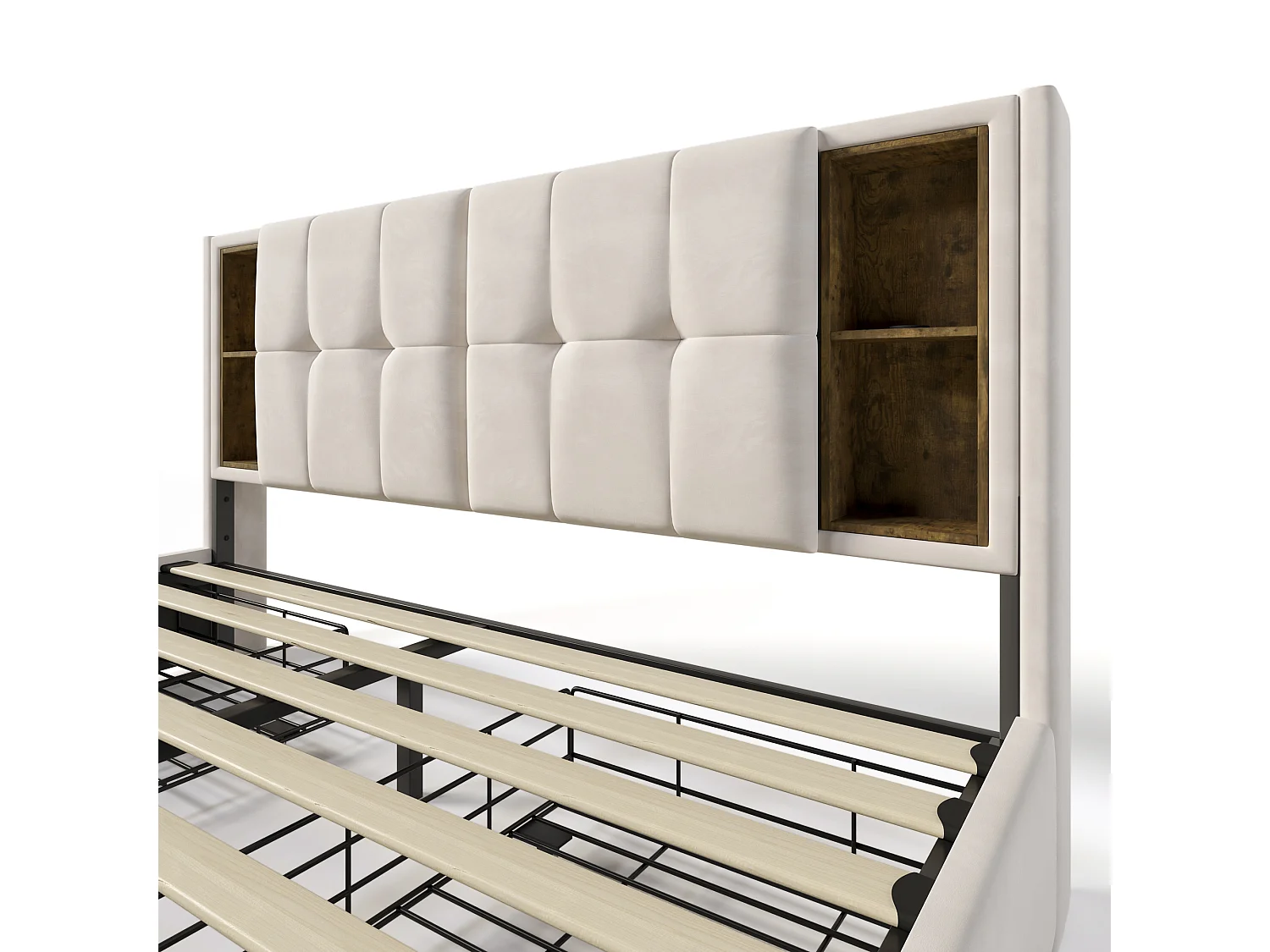 Lit double 160x200 cm avec chargement sans fil, 4 tiroirs, ports USB Type C, velours beige (Avec matelas)