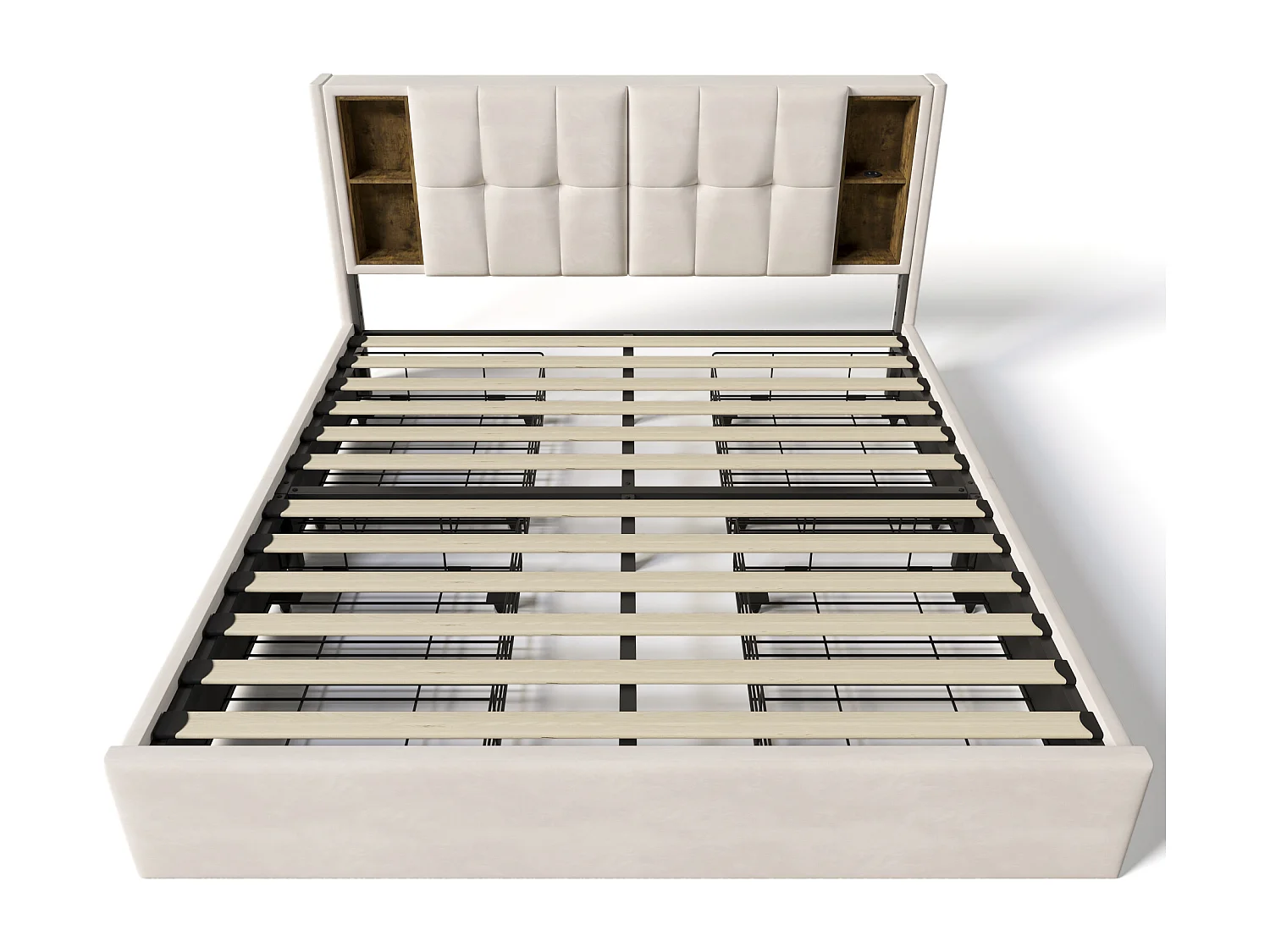 Lit double 160x200 cm avec chargement sans fil, 4 tiroirs, ports USB Type C, velours beige (Avec matelas)