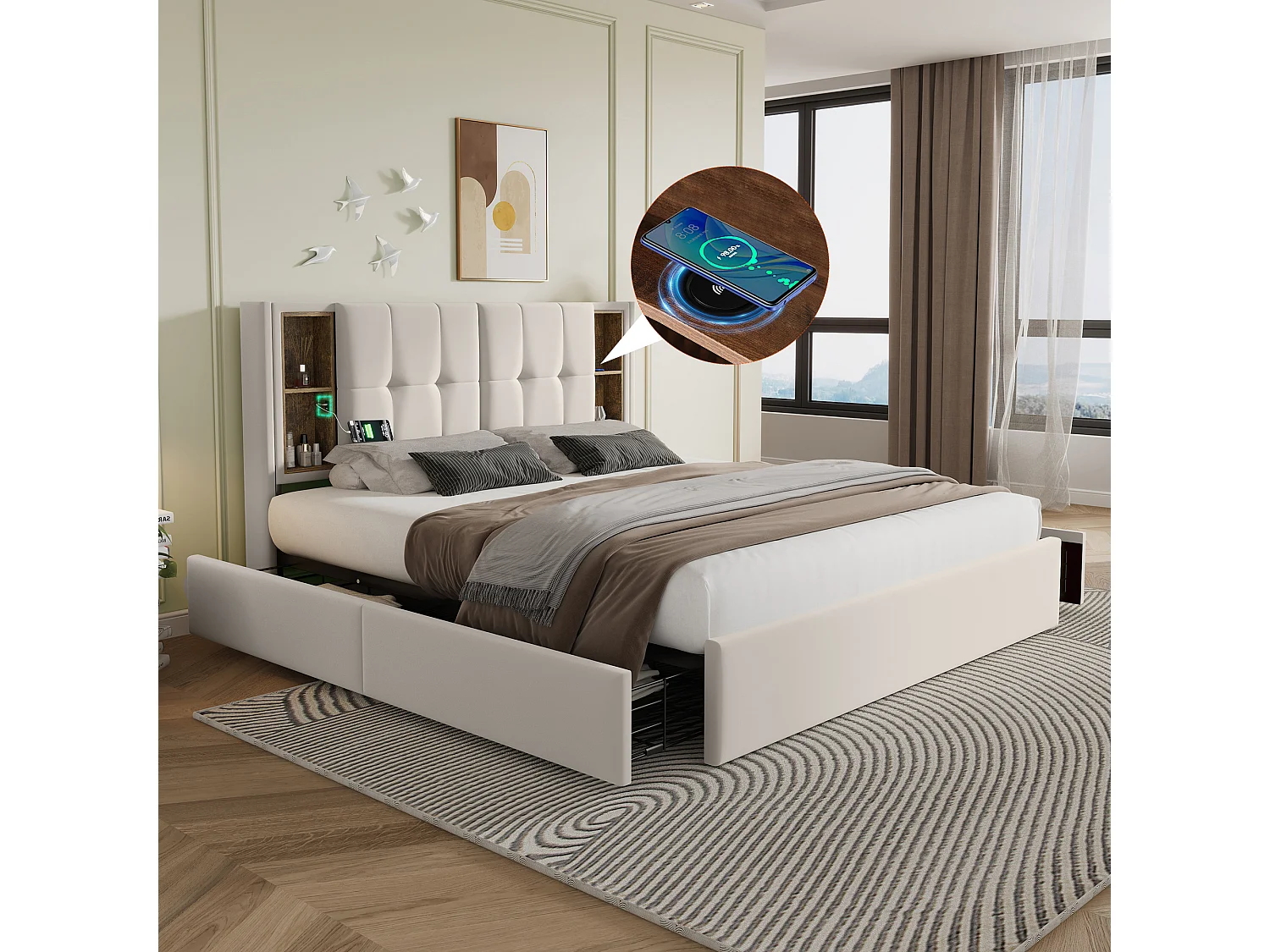Lit double 160x200 cm avec chargement sans fil, 4 tiroirs, ports USB Type C, velours beige (Avec matelas)