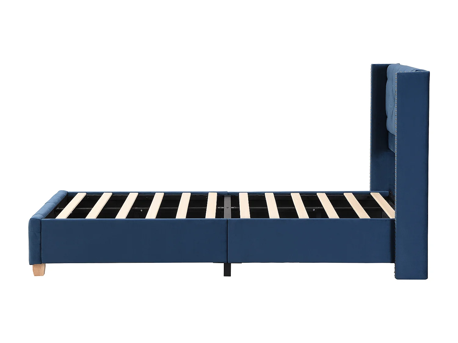 Lit enfant 90x200 cm avec sommier - tête de lit capitonnée - cadre de lit en bois - velours bleu (sans matelas)