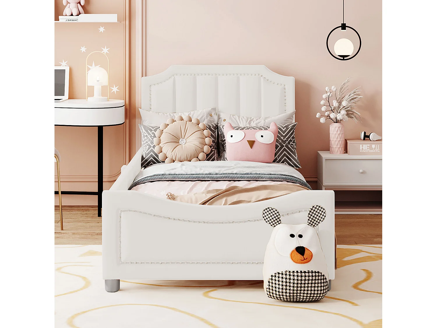 Lit enfant 90x200 cm avec dossier et accoudoirs, style canapé, bois et flanelle beige (Sans matelas)