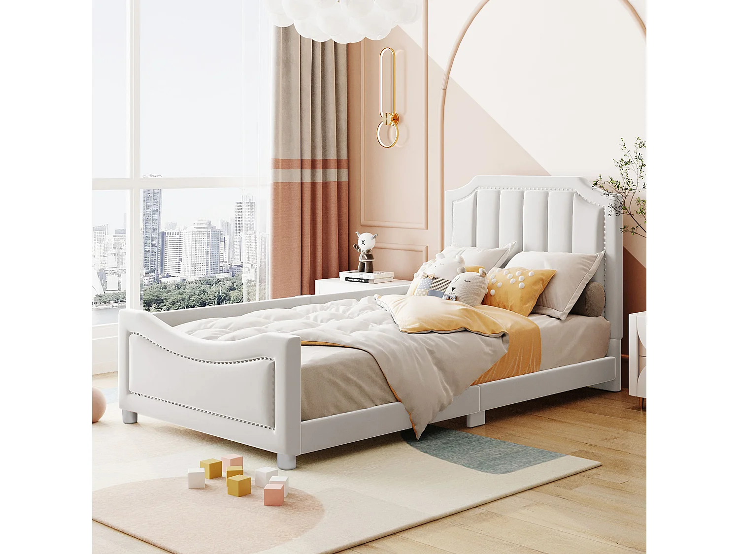 Lit enfant 90x200 cm avec dossier et accoudoirs, style canapé, bois et flanelle beige (Sans matelas)