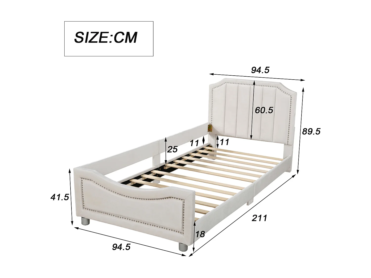 Lit enfant 90x200 cm avec dossier et accoudoirs, style canapé, bois et flanelle beige (Sans matelas)