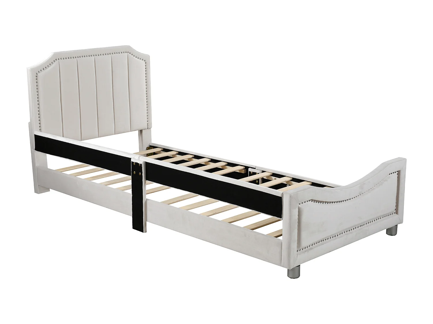 Lit enfant 90x200 cm avec dossier et accoudoirs, style canapé, bois et flanelle beige (Sans matelas)