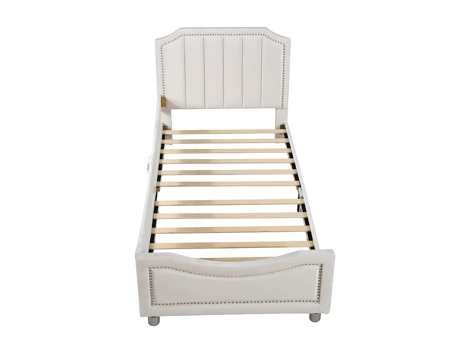 Lit enfant 90x200 cm avec dossier et accoudoirs, style canapé, bois et flanelle beige (Sans matelas)