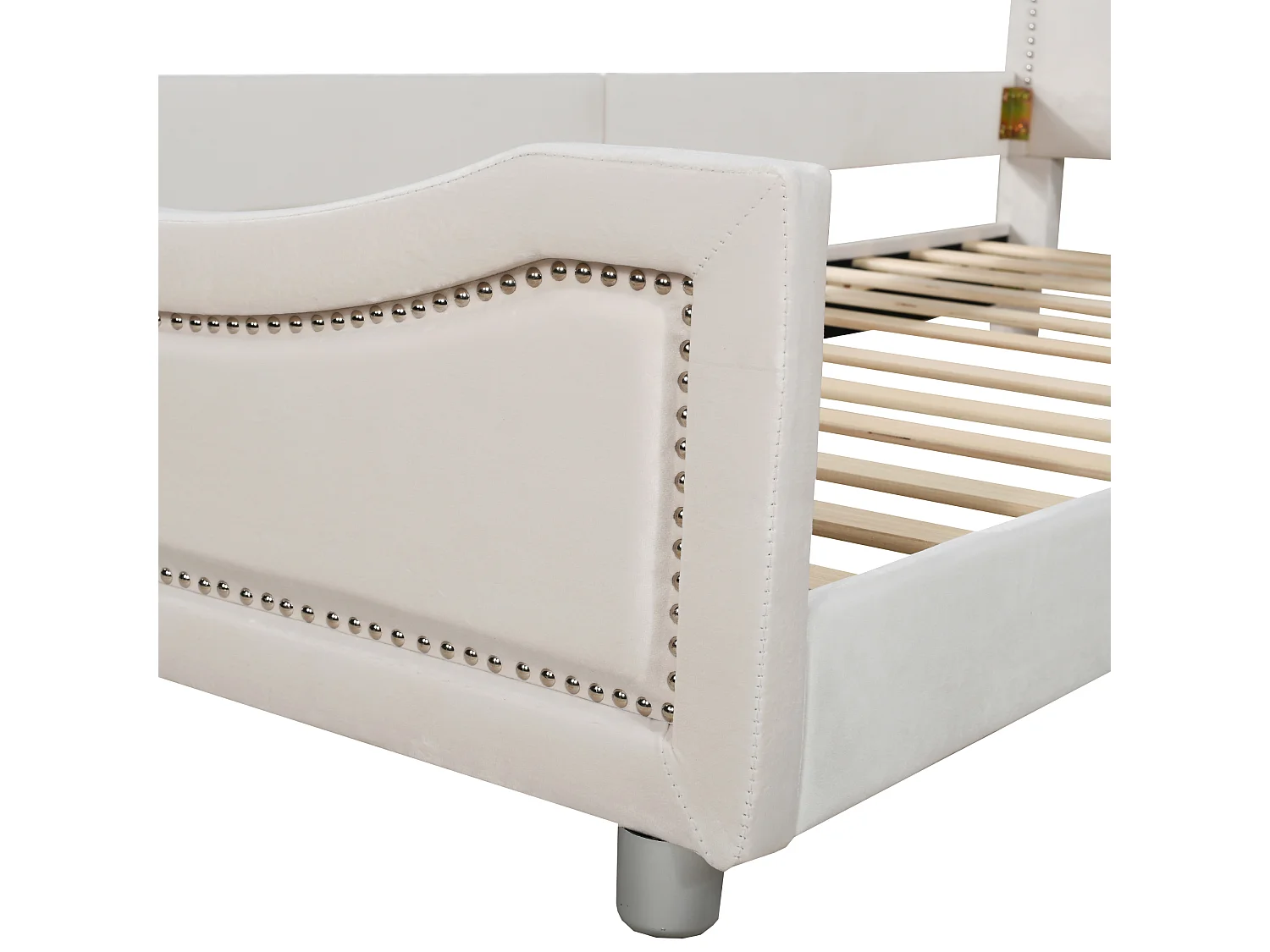 Lit enfant 90x200 cm avec dossier et accoudoirs, style canapé, bois et flanelle beige (Sans matelas)