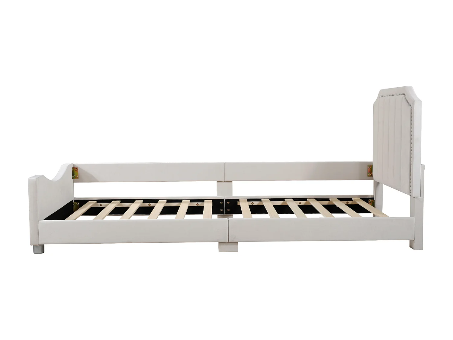 Lit enfant 90x200 cm avec dossier et accoudoirs, style canapé, bois et flanelle beige (Sans matelas)