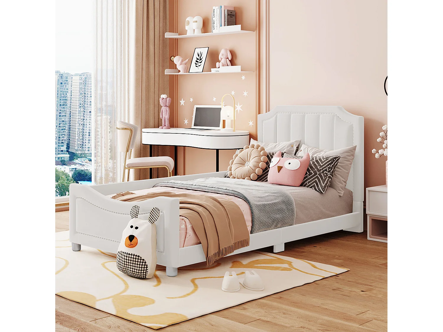 Lit enfant 90x200 cm avec dossier et accoudoirs, style canapé, bois et flanelle beige (Sans matelas)