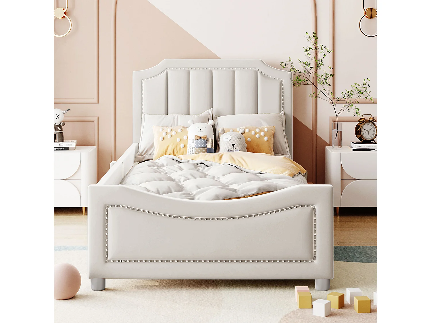Lit enfant 90x200 cm avec dossier et accoudoirs, style canapé, bois et flanelle beige (Sans matelas)