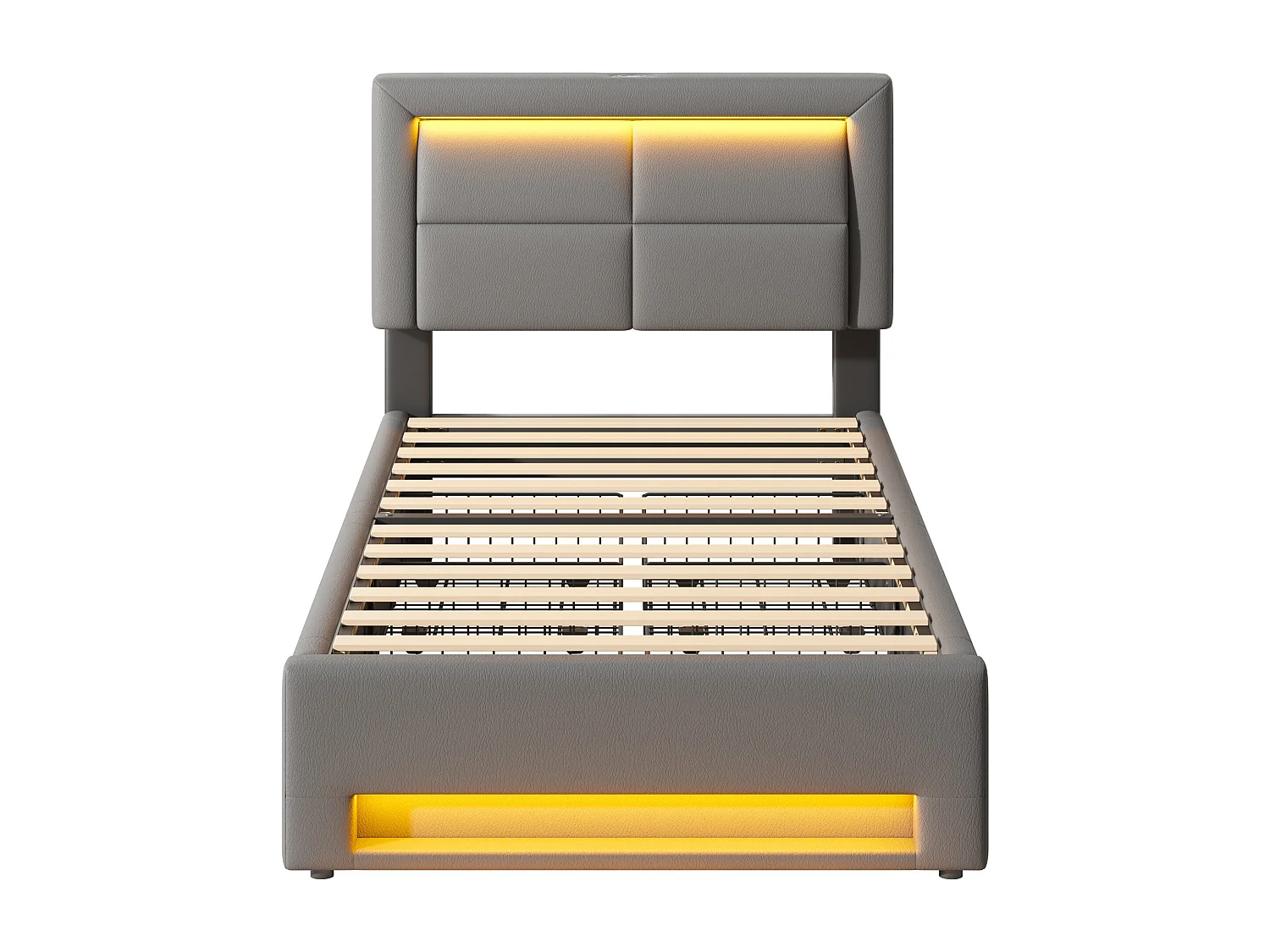 Lit simple 90x200 cm avec USB et LED, 4 tiroirs, PU gris (Sans matelas)