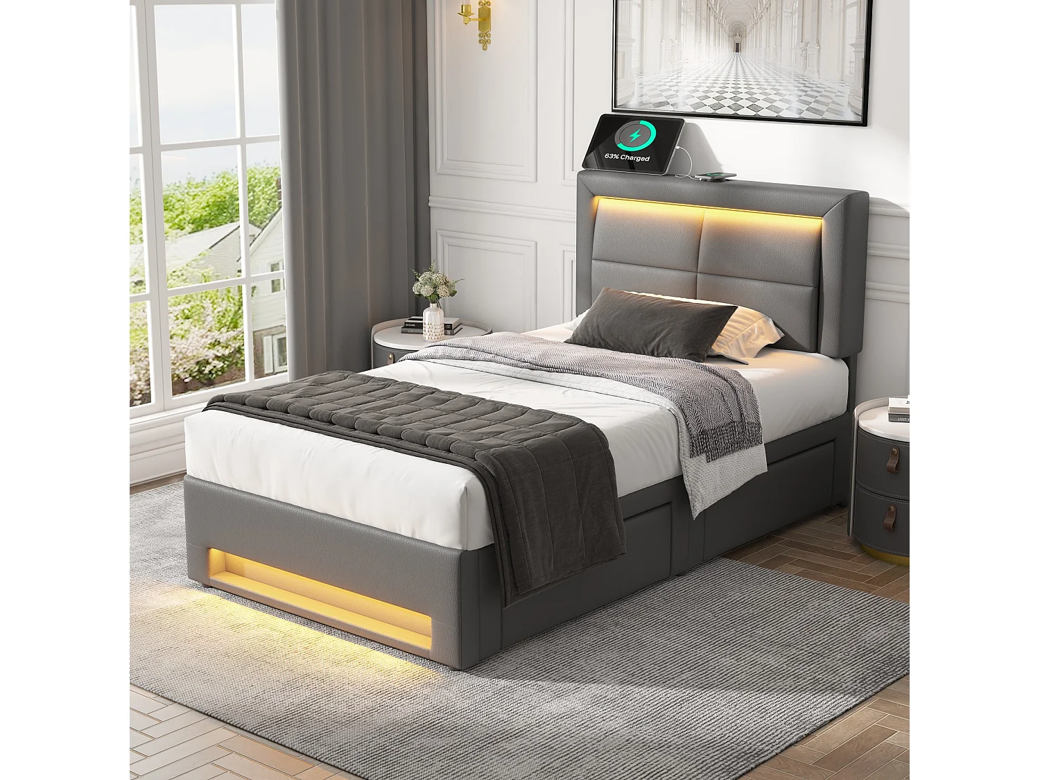 Lit simple 90x200 cm avec USB et LED, 4 tiroirs, PU gris (Sans matelas)