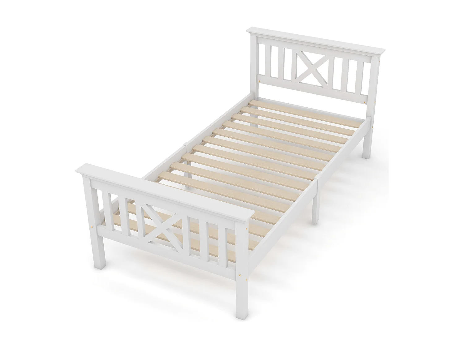Lit simple 90x200 cm avec sommier à lattes et tête de lit en X en bois blanc (Sans matelas)