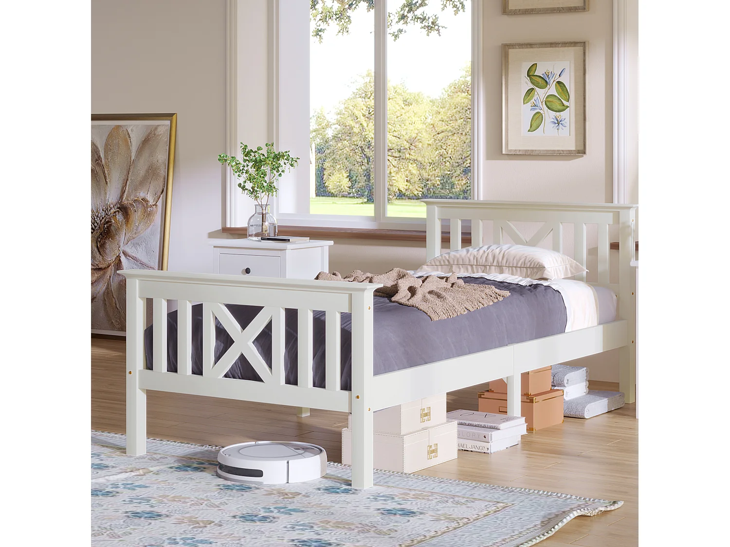 Lit simple 90x200 cm avec sommier à lattes et tête de lit en X en bois blanc (Sans matelas)