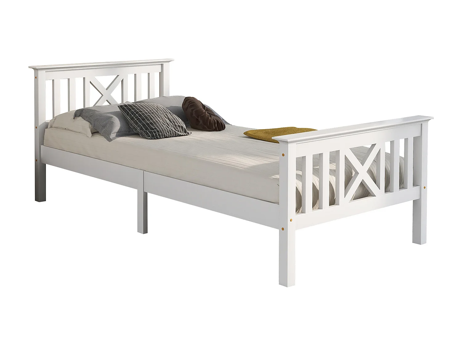 Lit simple 90x200 cm avec sommier à lattes et tête de lit en X en bois blanc (Sans matelas)