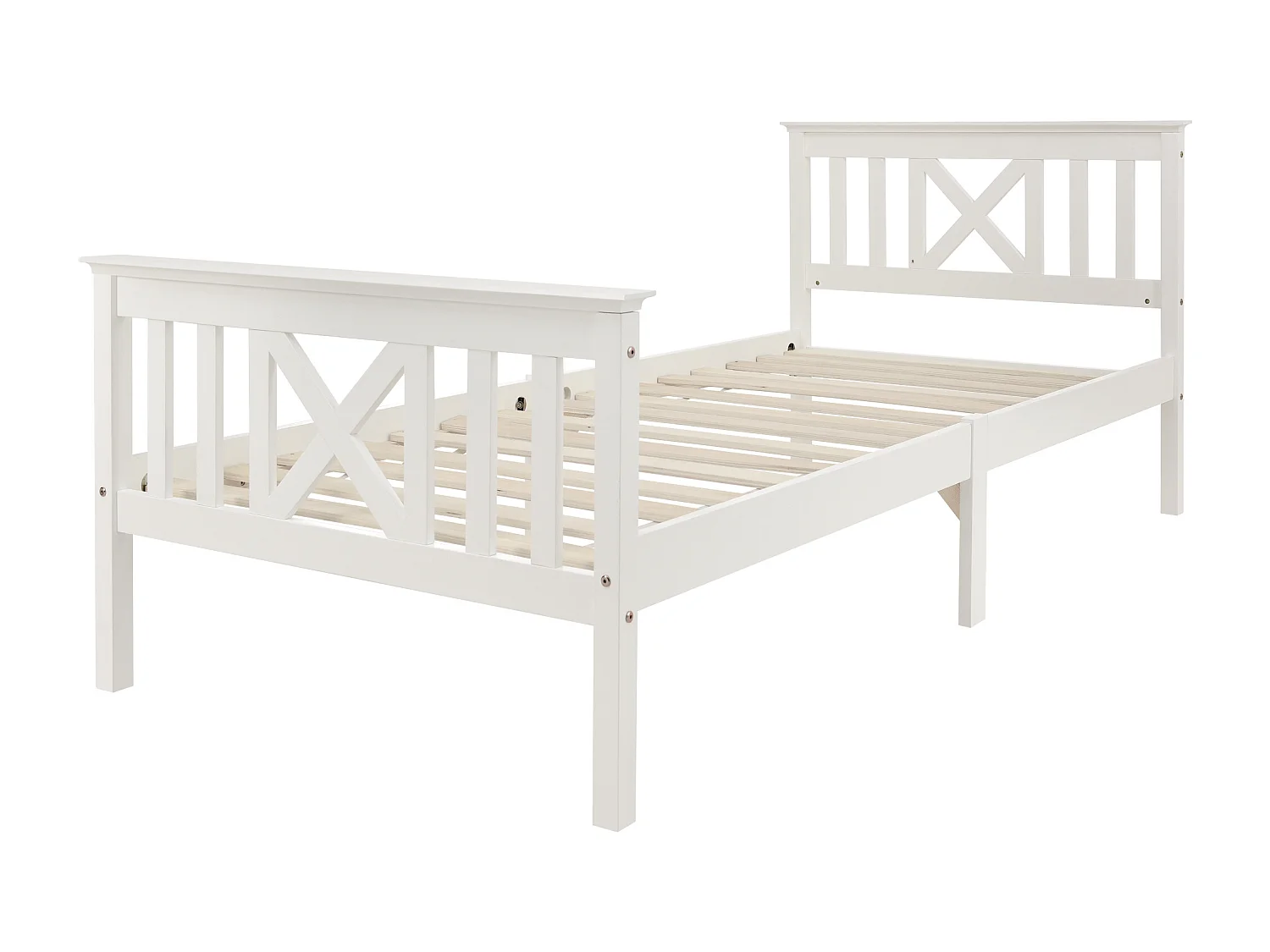Lit simple 90x200 cm avec sommier à lattes et tête de lit en X en bois blanc (Sans matelas)