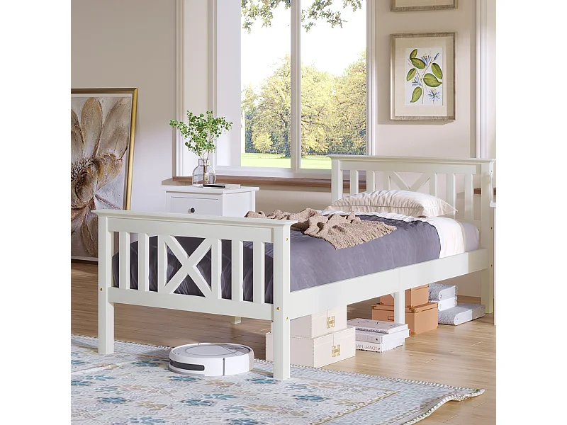 Lit enfant 90x200 cm avec sommier à lattes - cadre de lit en bois - blanc (sans matelas)