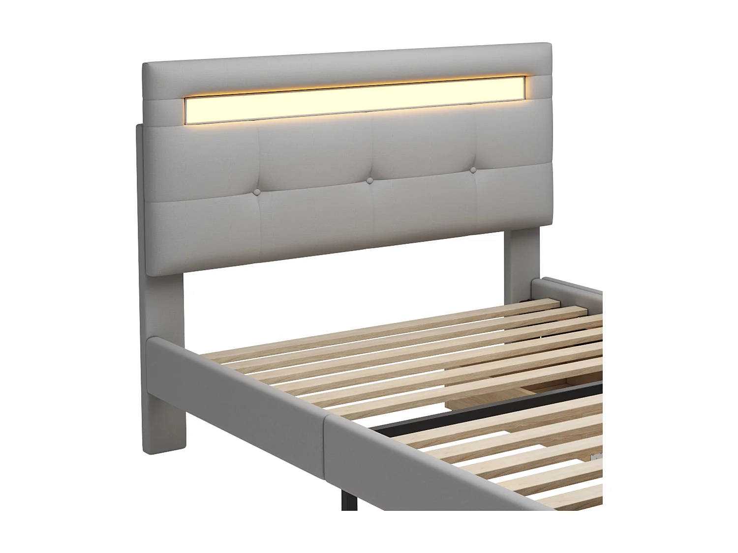 Lit simple 90x200 cm avec LED et 2 tiroirs, tête de lit réglable, revêtement rembourré gris (Sans matelas)