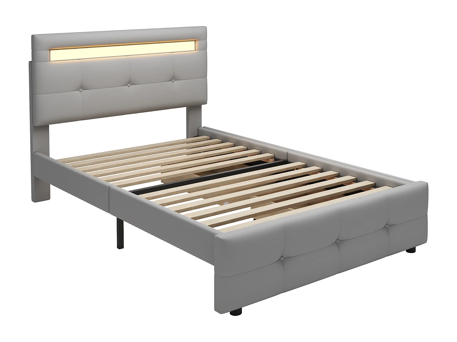 Lit simple 90x200 cm avec LED et 2 tiroirs, tête de lit réglable, revêtement rembourré gris (Sans matelas)
