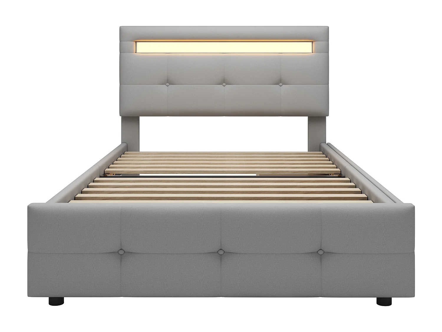 Lit simple 90x200 cm avec LED et 2 tiroirs, tête de lit réglable, revêtement rembourré gris (Sans matelas)