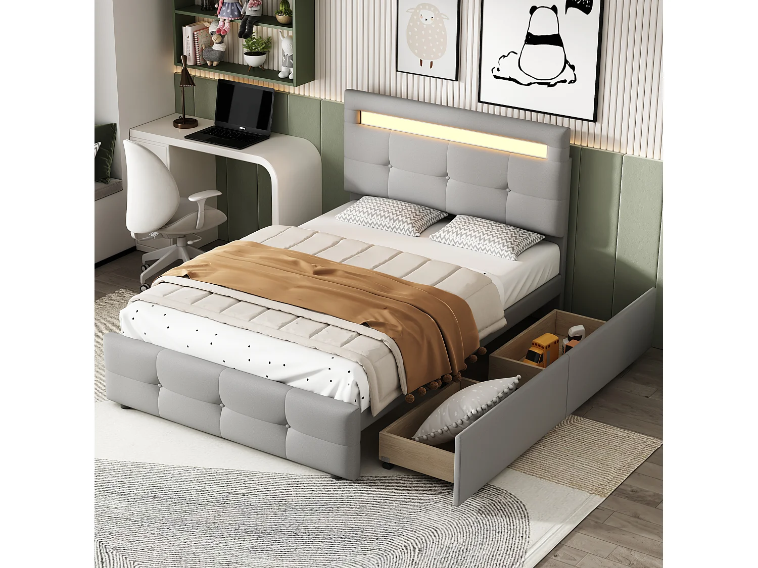 Lit simple 90x200 cm avec LED et 2 tiroirs, tête de lit réglable, revêtement rembourré gris (Sans matelas)