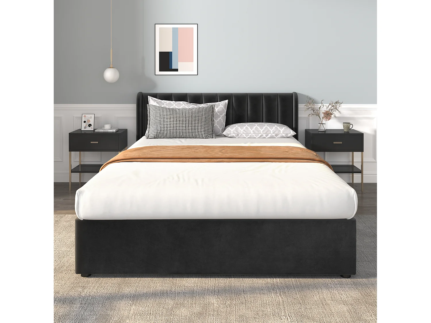 Lit double 140x200 cm avec sommier à lattes, avec 2 tiroirs, en velours, noir (Sans matelas)