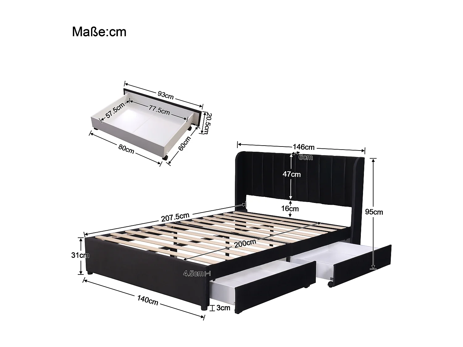 Lit double 140x200 cm avec sommier à lattes, avec 2 tiroirs, en velours, noir (Sans matelas)