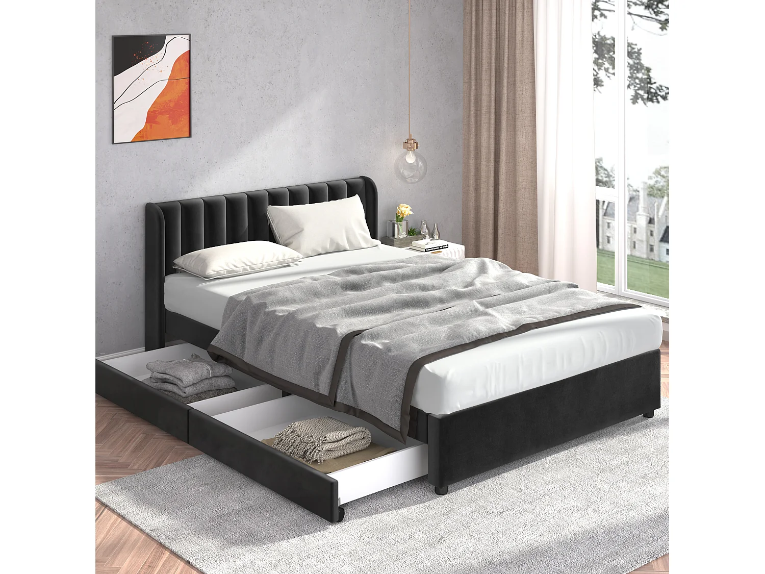 Lit double 140x200 cm avec sommier à lattes, avec 2 tiroirs, en velours, noir (Sans matelas)