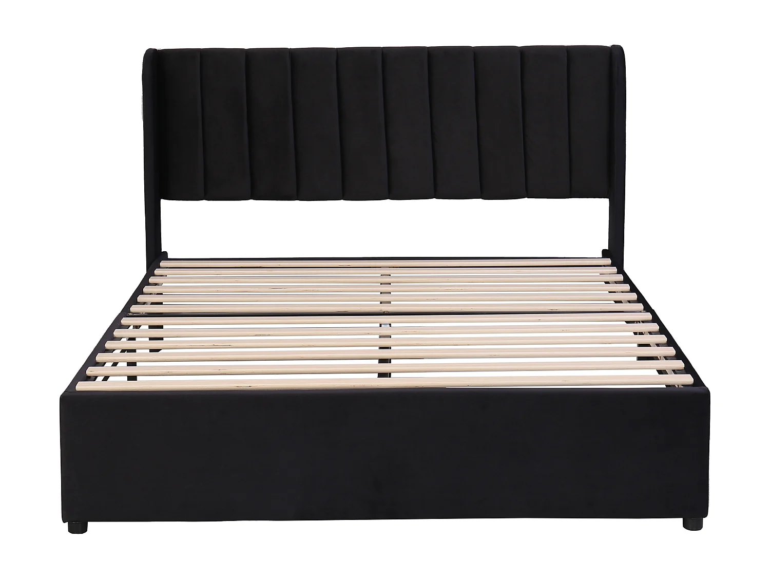Lit double 140x200 cm avec sommier à lattes, avec 2 tiroirs, en velours, noir (Sans matelas)