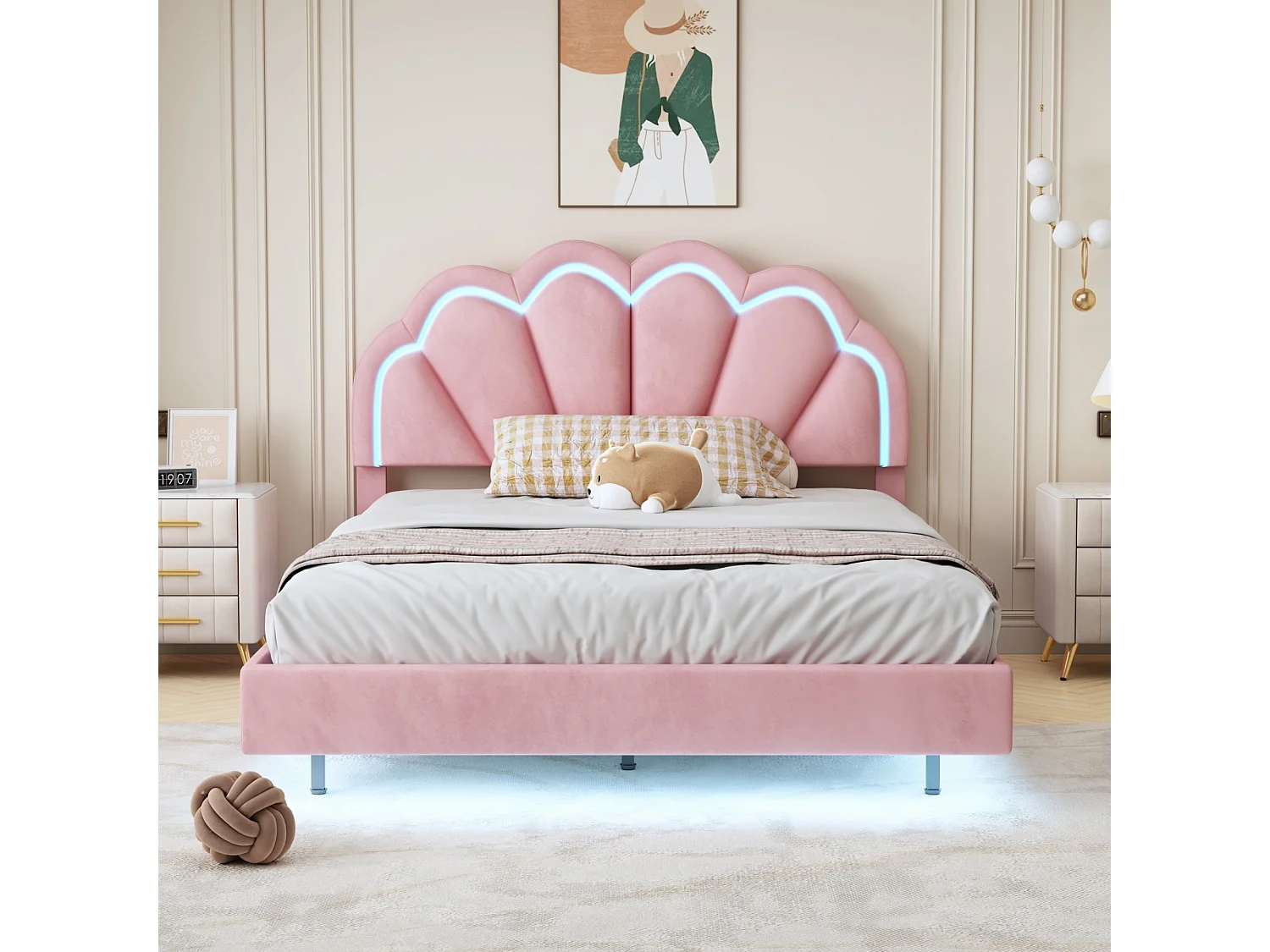 Lit double 140x200cm avec LED Tête de lit suspendue Revêtement velours en rose pour adulte et adolescent