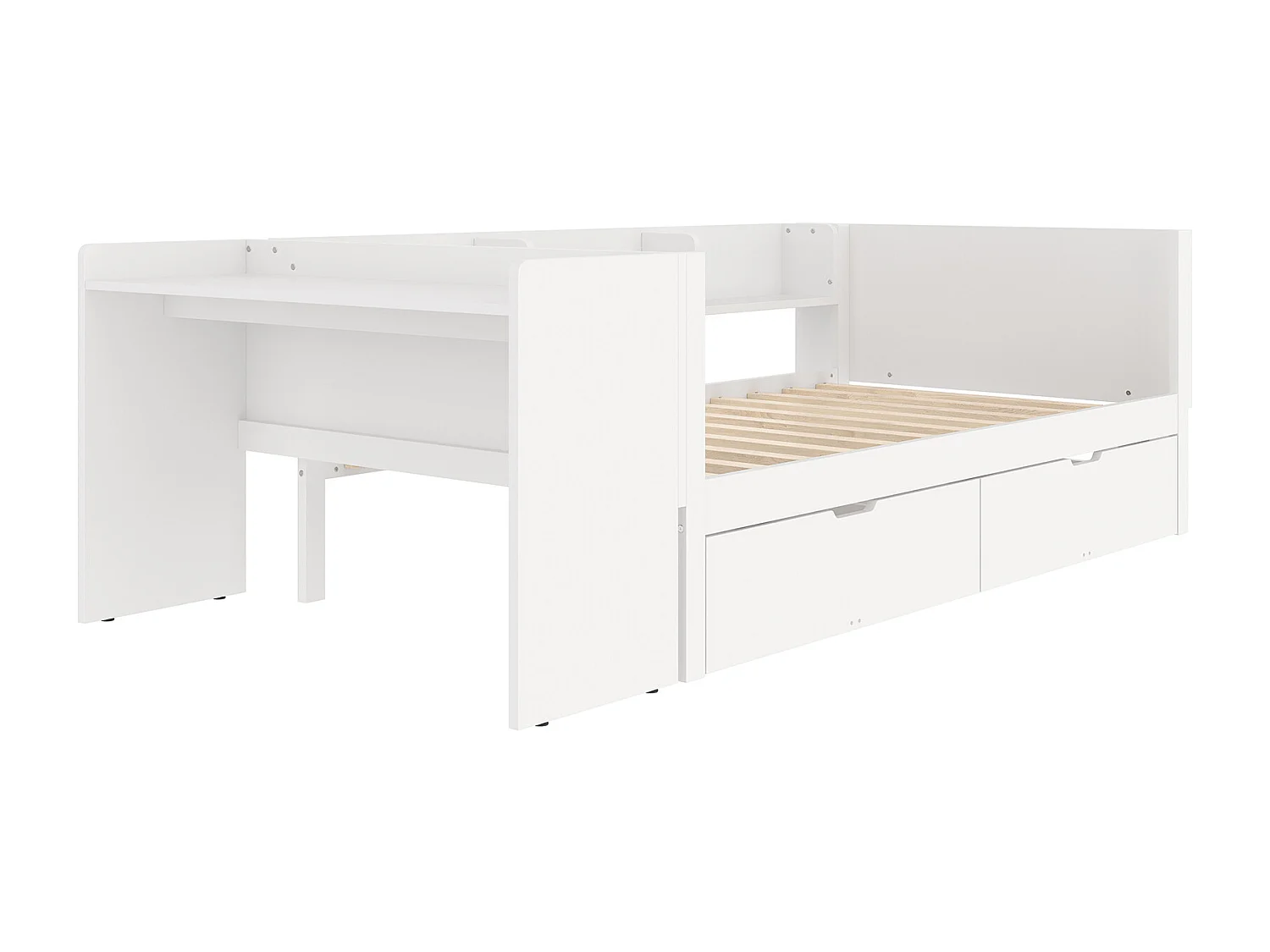 Lit simple 90x200 cm avec bureau, 2 tiroirs et étagères, en pin, blanc (Sans matelas)