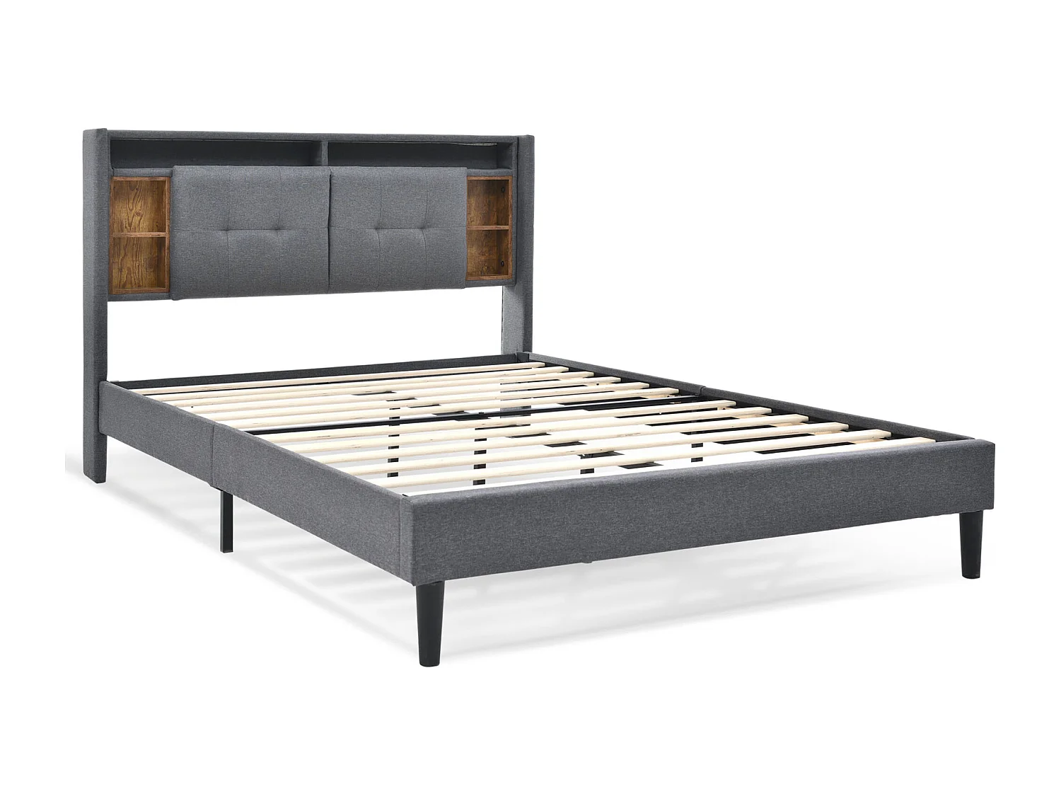 Lit double 140x200 cm avec tête de lit de rangement, prises USB et LED, bois et lin gris (Sans matelas)