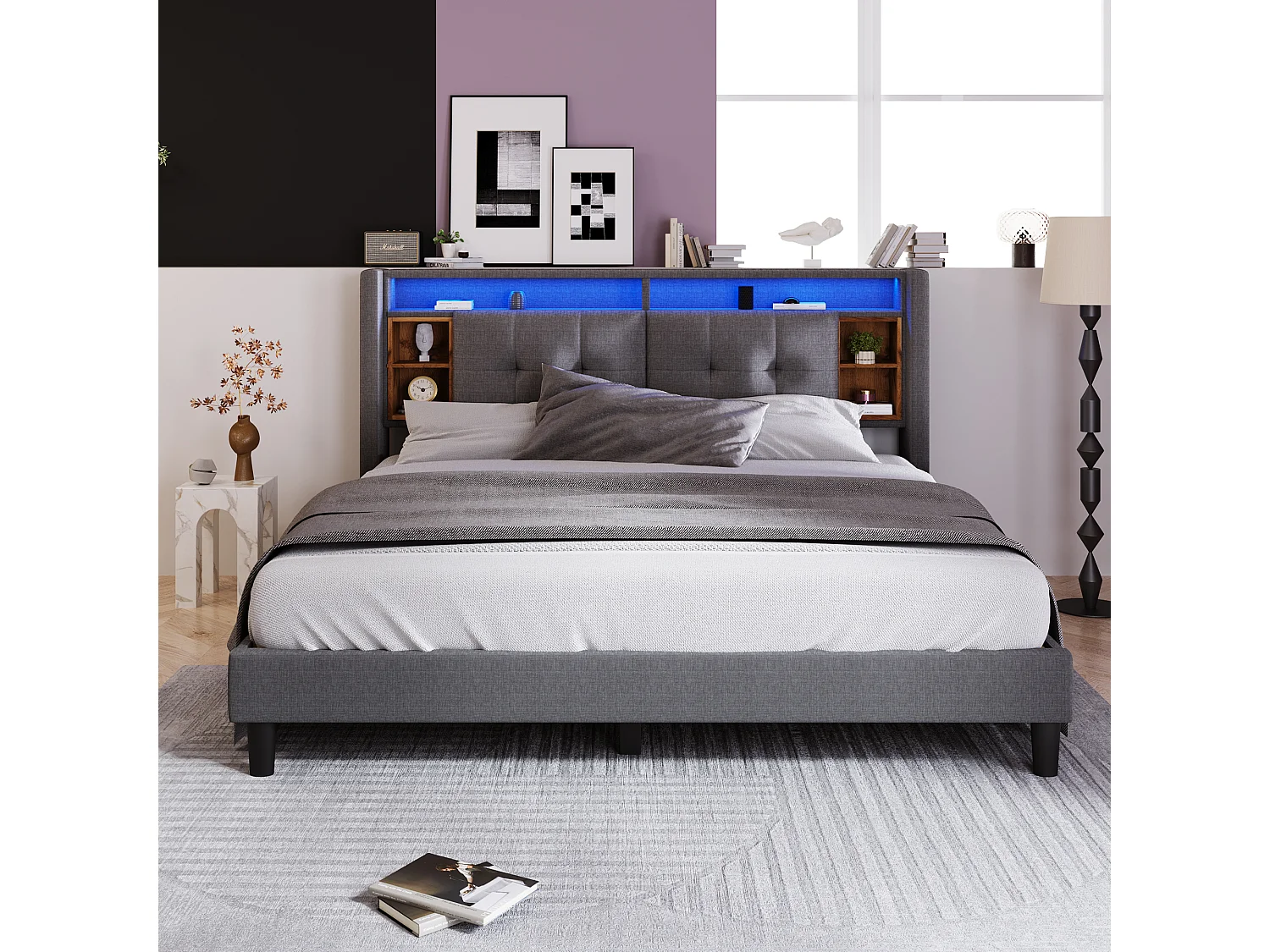 Lit double 140x200 cm avec tête de lit de rangement, prises USB et LED, bois et lin gris (Sans matelas)