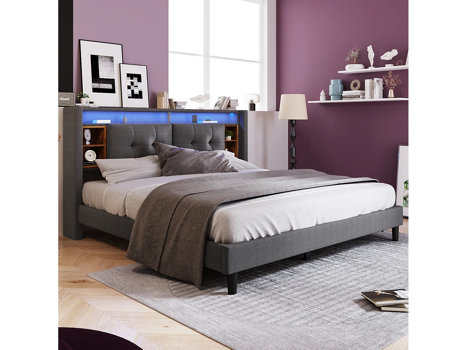 Lit double 140x200 cm avec tête de lit de rangement, prises USB et LED, bois et lin gris (Sans matelas)