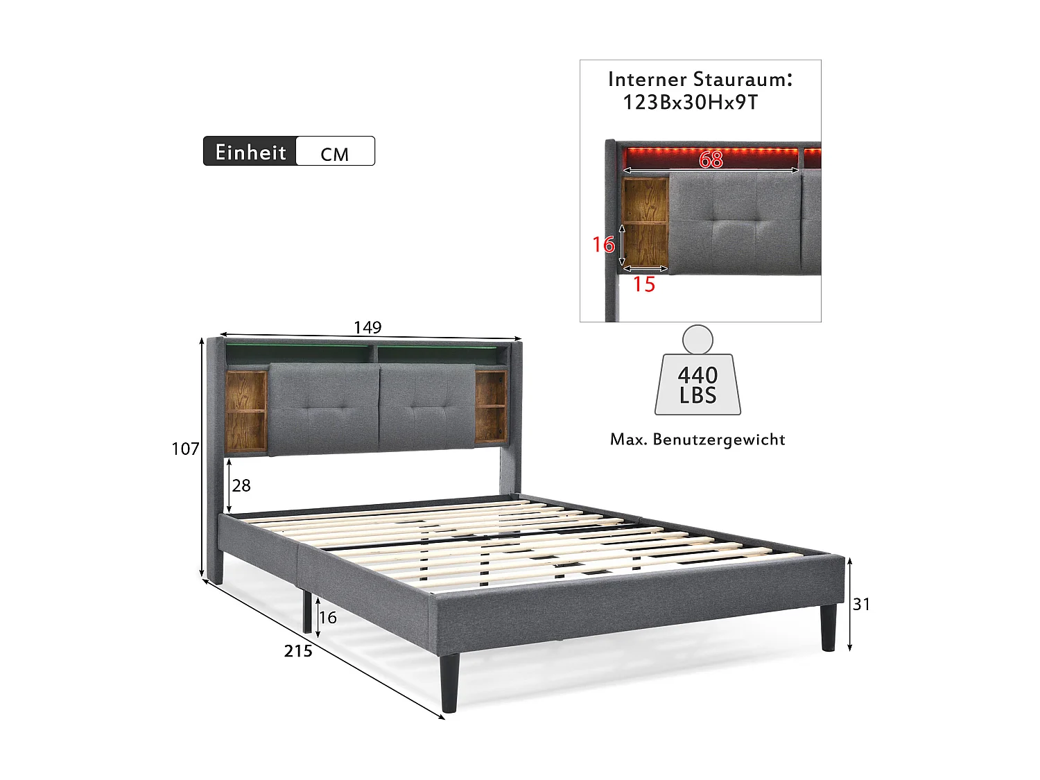 Lit double 140x200 cm avec tête de lit de rangement, prises USB et LED, bois et lin gris (Sans matelas)