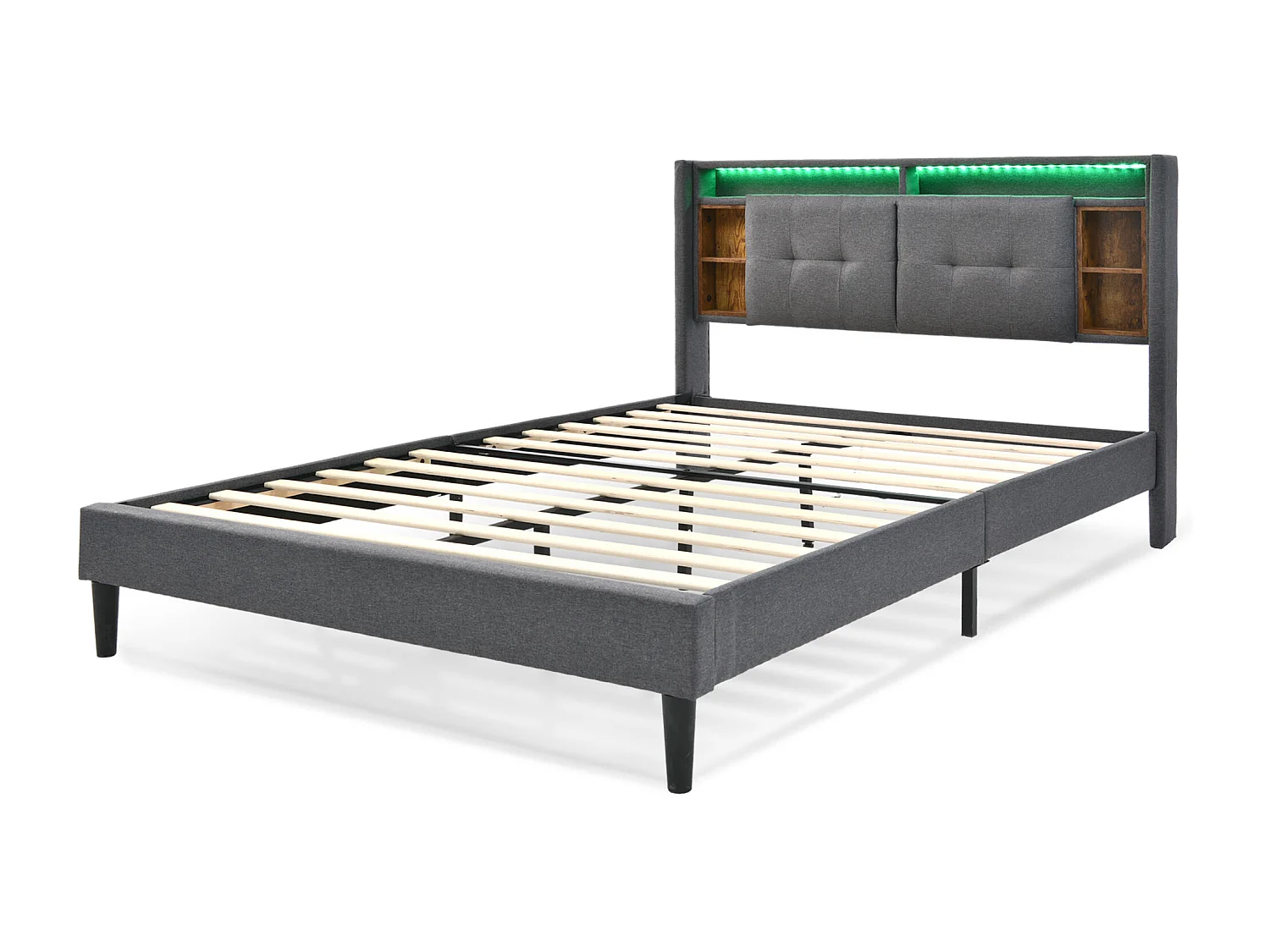 Lit double 140x200 cm avec tête de lit de rangement, prises USB et LED, bois et lin gris (Sans matelas)