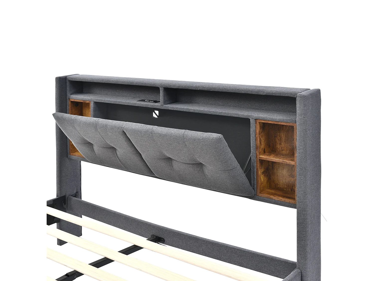 Lit double 140x200 cm avec tête de lit de rangement, prises USB et LED, bois et lin gris (Sans matelas)