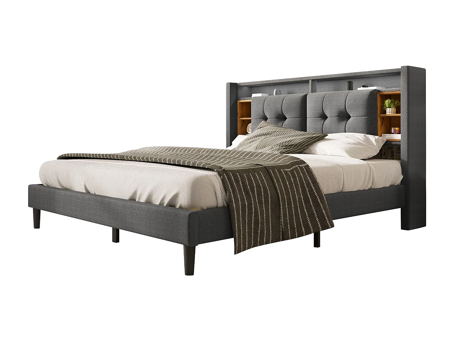Lit double 140x200 cm avec tête de lit de rangement, prises USB et LED, bois et lin gris (Sans matelas)