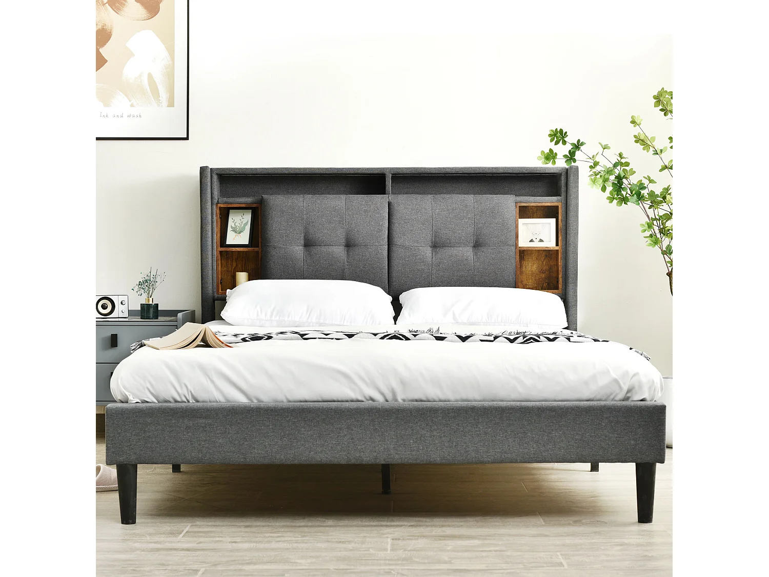 Lit double 140x200 cm avec tête de lit de rangement, prises USB et LED, bois et lin gris (Sans matelas)