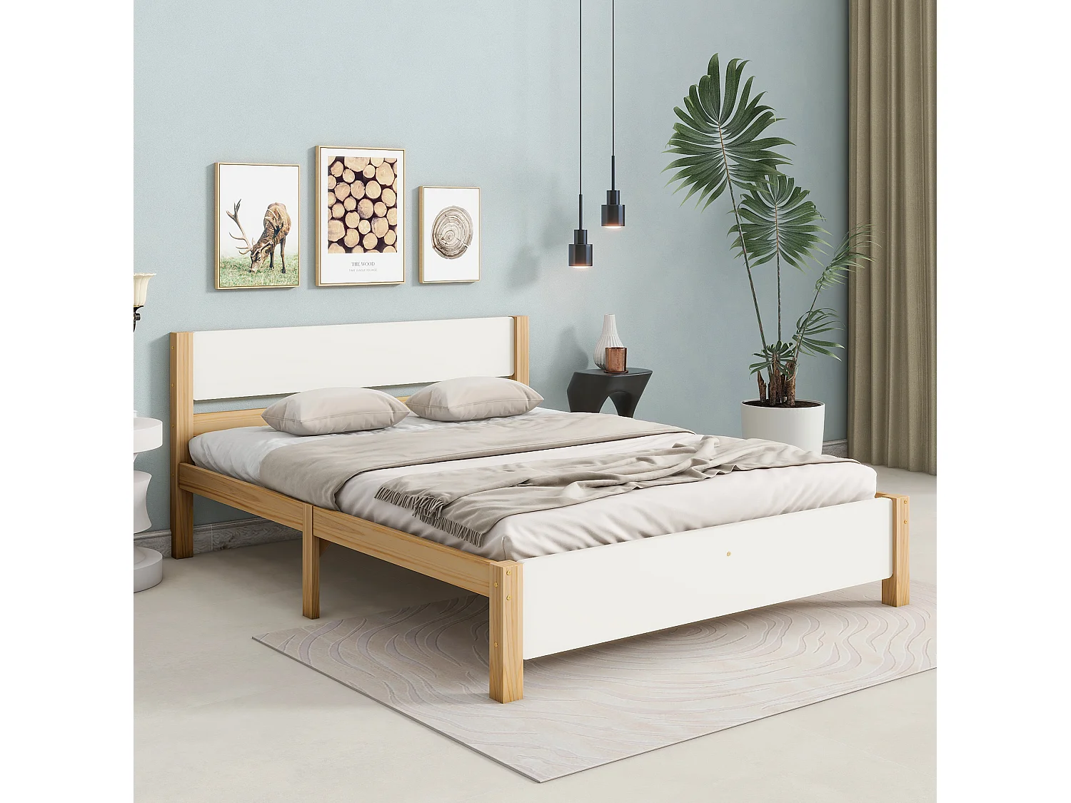 Lit double 140x200 cm avec 15 lattes et pieds centraux bois et MDF blanc et naturel (Sans matelas)