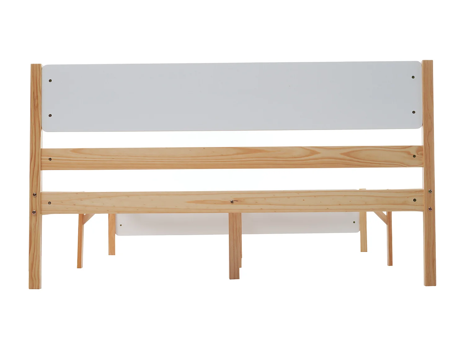 Lit double 140x200 cm avec 15 lattes et pieds centraux bois et MDF blanc et naturel (Sans matelas)