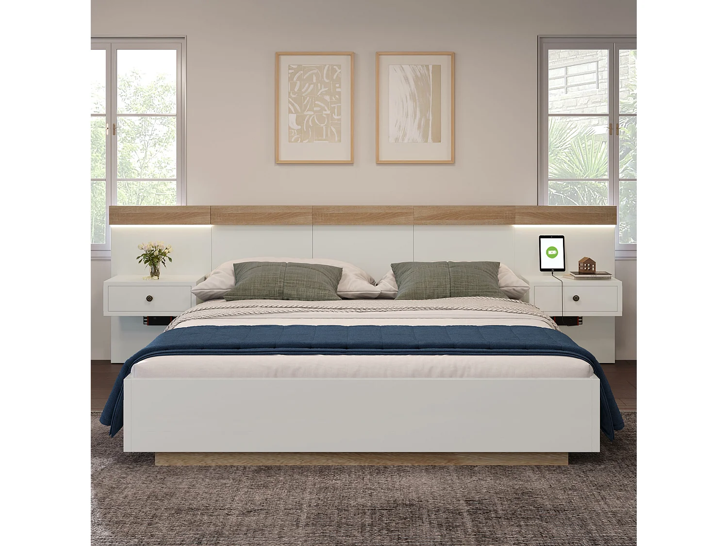 Lit double 140x200 cm avec 2 tables de chevet LED et ports USB Type C en bois blanc et chêne Sonoma (Sans matelas)