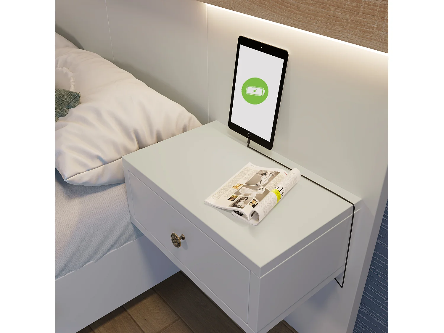 Lit double 140x200 cm avec 2 tables de chevet LED et ports USB Type C en bois blanc et chêne Sonoma (Sans matelas)
