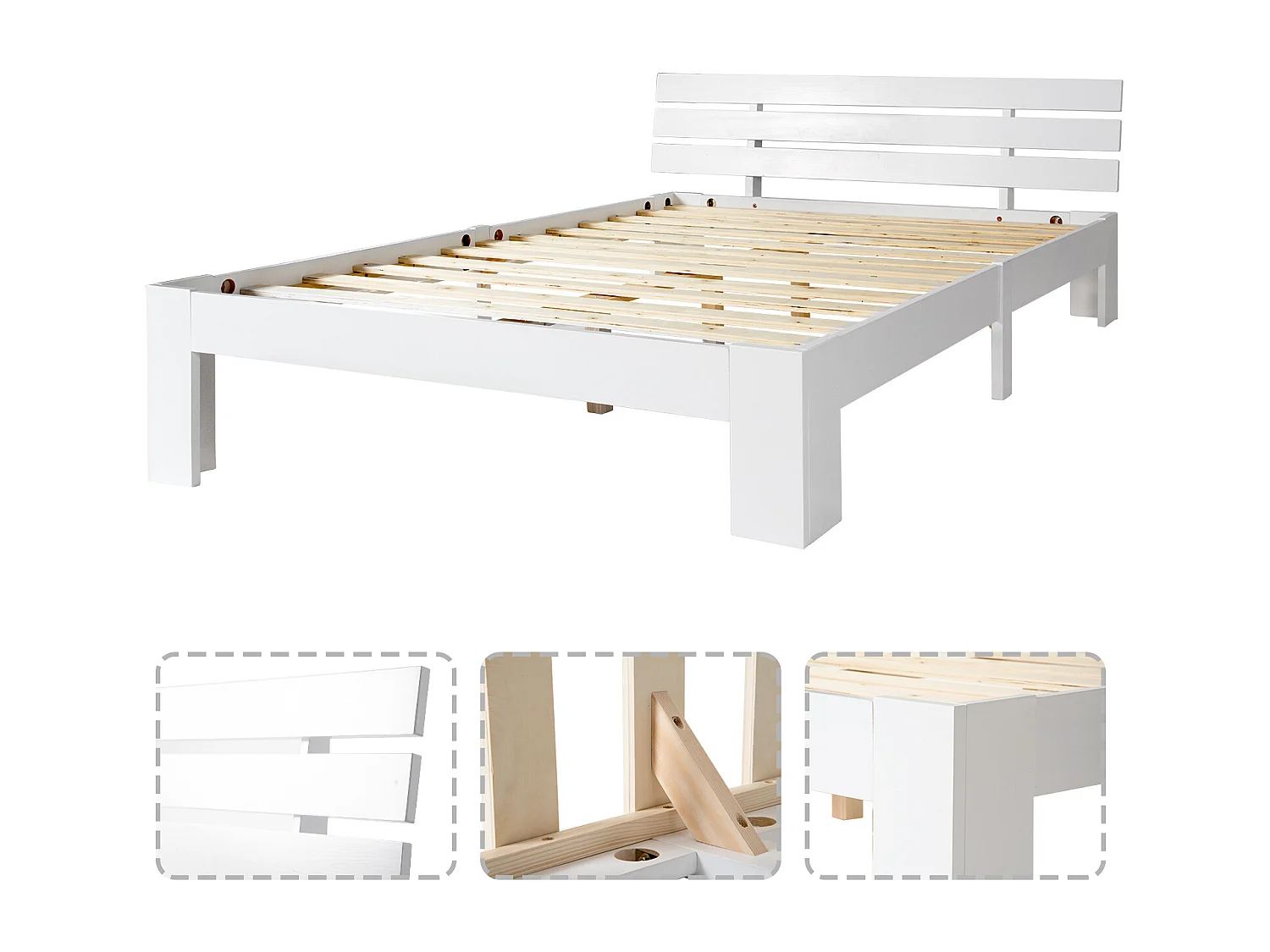 Lit double 140x200 cm avec tête de lit et sommier à lattes, rangement sous le lit, en bois, blanc (Sans matelas)