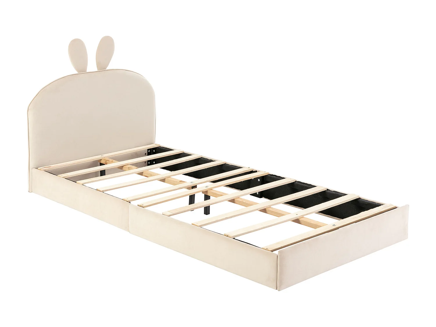 Lit enfant 90x200 cm avec tête de lit lapin et lattes en bois en velours beige (Sans matelas)