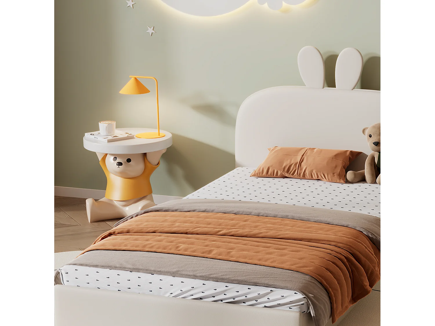 Lit enfant 90x200 cm avec tête de lit lapin et lattes en bois en velours beige (Sans matelas)